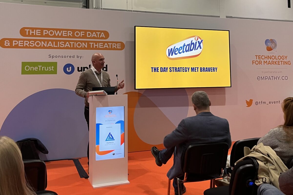 Weetabix's former head of marketing Gareth Turner giving a talk on bravery in marketing at the 2022 Technology for Marketing expo.