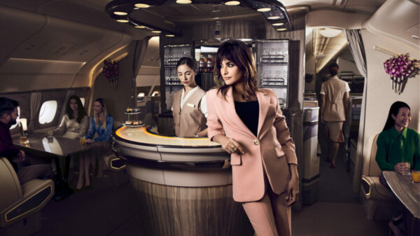 Emirates new ambassador Penelope Cruz leans against a bar in the airline's premiumclass