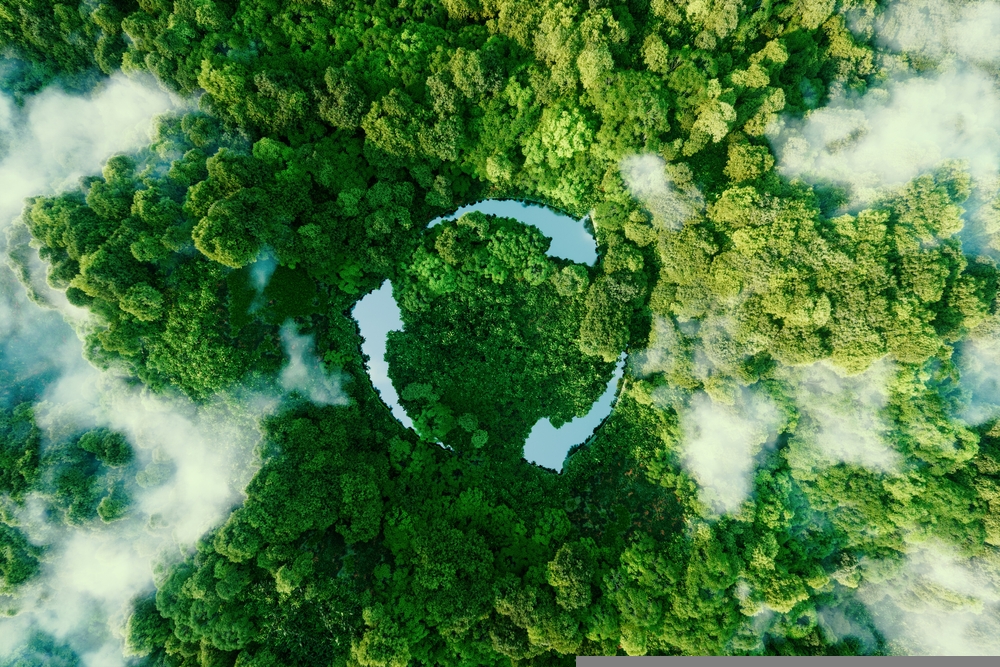 Nuevo has announced the launch of Nuevo 360, a comprehensive learning programme for brand marketing teams and advertising agencies. Abstract icon representing the ecological call to recycle and reuse in the form of a pond with a recycling symbol in the middle of a beautiful untouched jungle. 3d rendering.