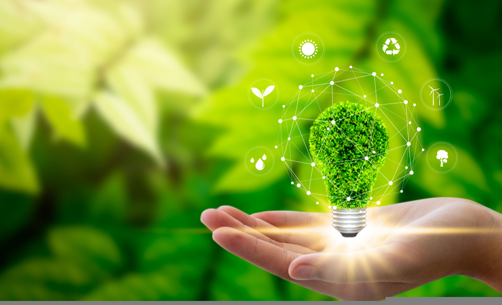 Hand holding light bulb against nature on green leaf with icons energy sources for renewable, sustainable development. Adform