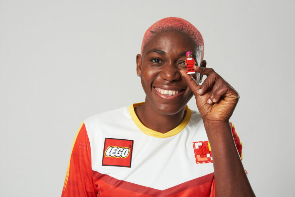 Lego has released a new play set featuring iconic footballers, such as Asisat Oshoala - pictured here with her new minifigure