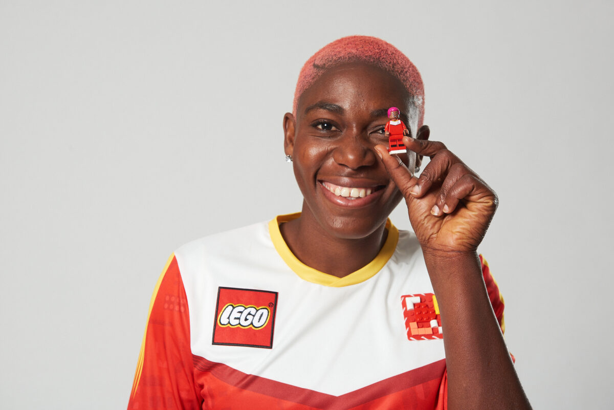 Lego has released a new play set featuring iconic footballers, such as Asisat Oshoala - pictured here with her new minifigure