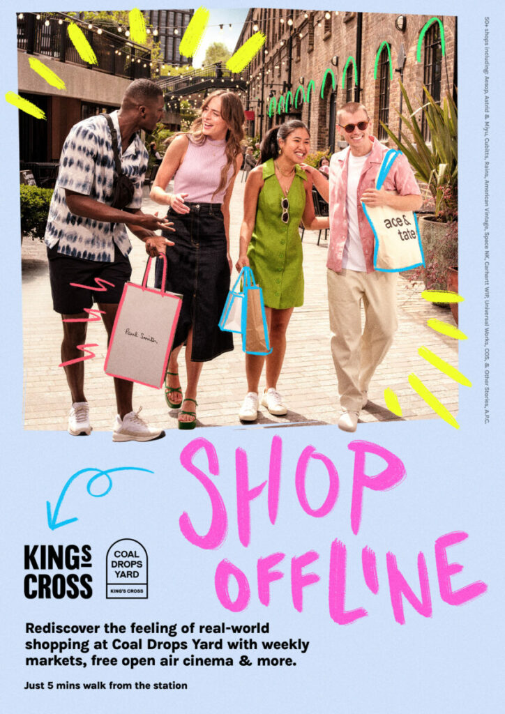Shoppers are seen enjoying the shops at King's Cross, as part of the creative neighbourhood's new summer 'hop Offline' campaign
