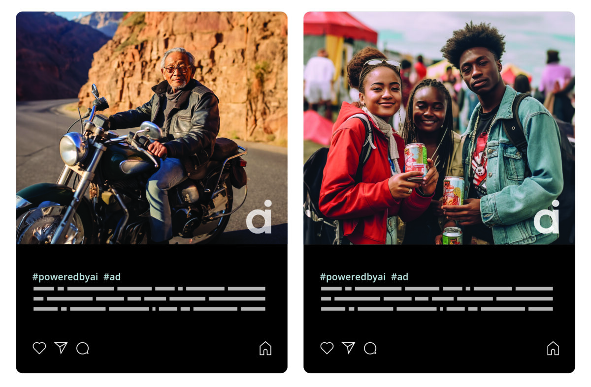 Photo mock up of social media posts that acknowledge the presence of AI influencers, as suggested by Ogilvy in new AI Accountability Act