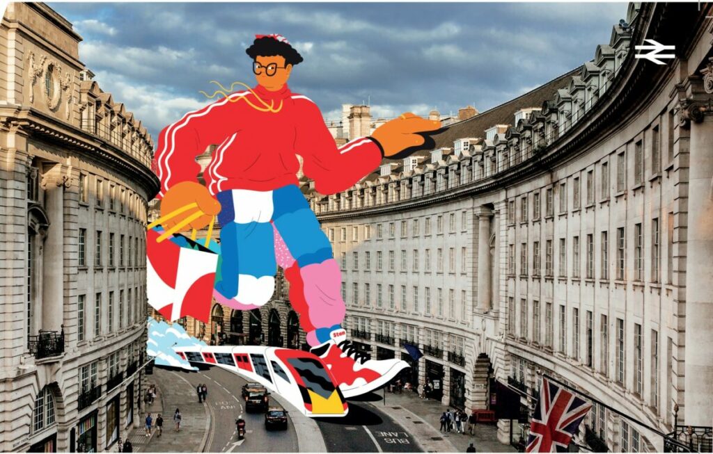 Stansted Express launches new brand character, Stan, here pictured stepping over a central London road