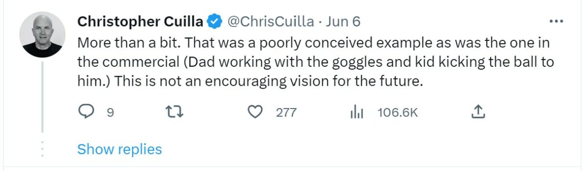 screenshot from a user discussing how Apple's new Vision Pro's campaign video was a poor idea