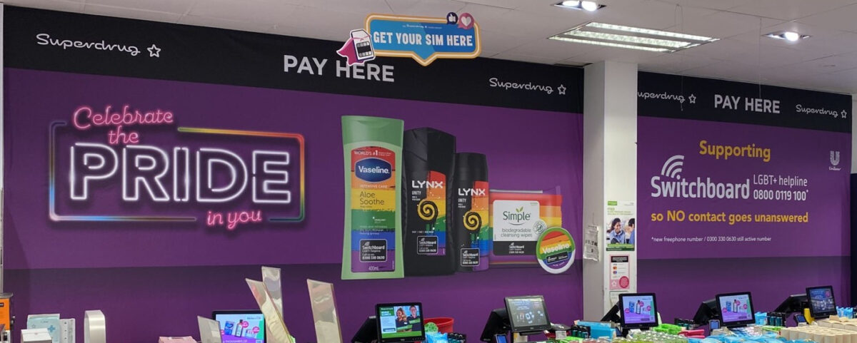 Unilever has partnered with Superdrug and LGBTQ+ charity Switchboard for pride month campaign - here showing a store interior makeover