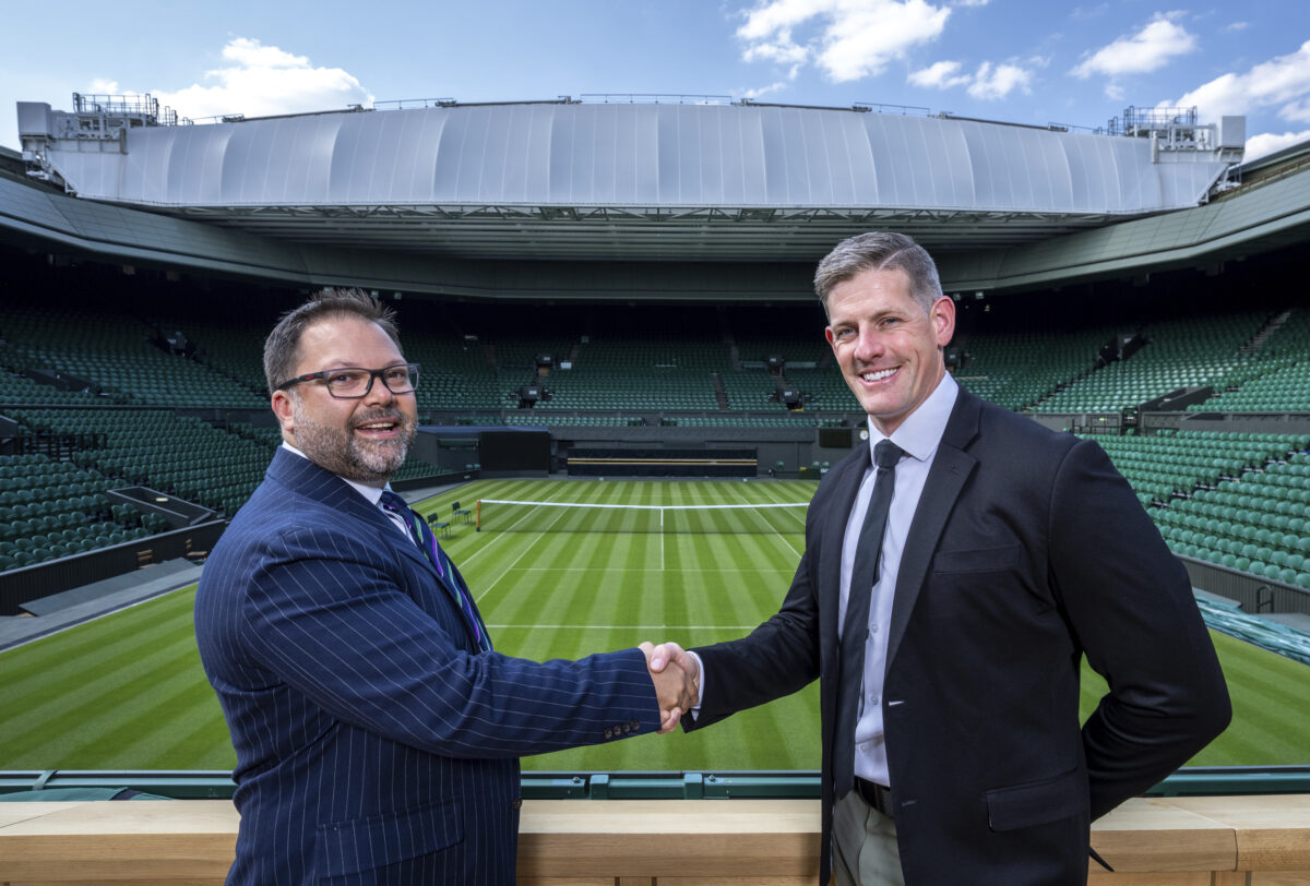 Usama Al-Qassab, AELTC Marketing and Commercial Director, poses for a photo with Brian Perkins, UK CEO of Stella Artois, in the Royal Box inside Centre Court ahead of The Championships 2023. Held at The All England Lawn Tennis Club, Wimbledon. Friday 16/06/2023. Credit: AELTC/Thomas Lovelock.