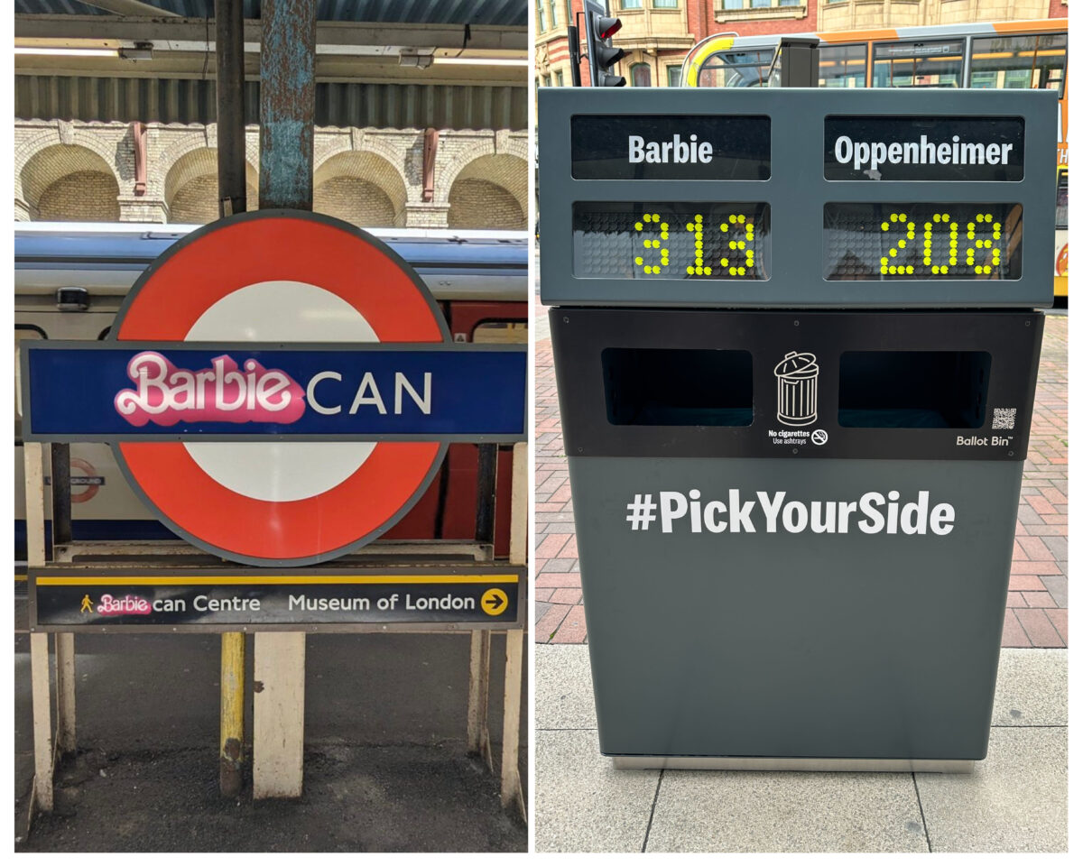 On the left, TfL station, Barbican appeared to temporarily rebrand as Barbie-can, while the right show Barbie vs Oppenheimer ballot bins in Manchester