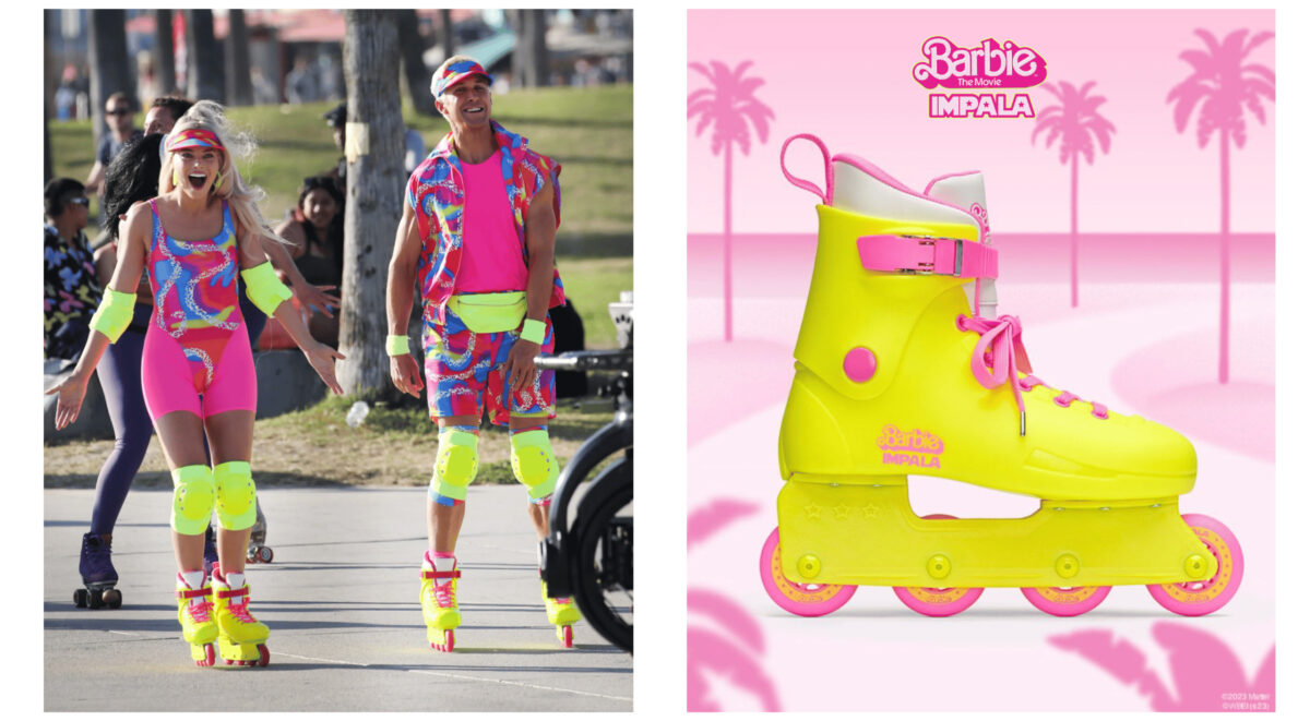 Neon yellow Barbie themed skates on the right, a still from the Barbie movie showing Margot Robbie and Ryan Gosling (playing Barbie and Ken respectively) wearing the skates