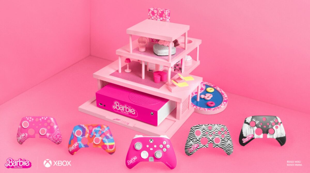 Xbox Pink Barbie Dreamhouse playstation, surrounded by five different type of Barbie-wrapped controllers. 