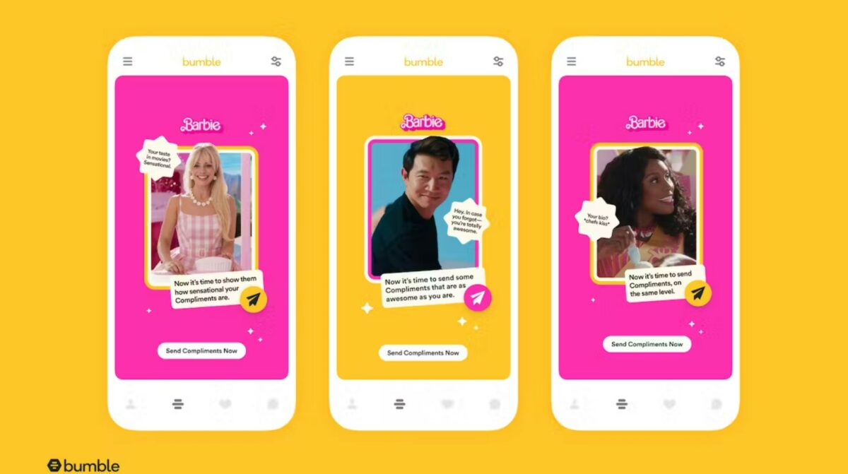 Bumble has released Barbie app updates, featuring Barbie and Ken opening lines and compliments, as depicted here on three mock-up phones.