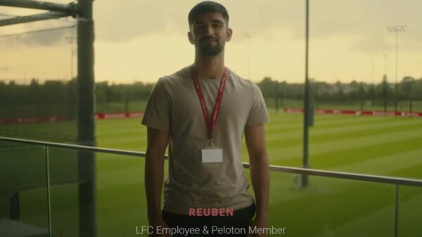 Peloton has introduced a multi-year partnership with Liverpool Football Club (LFC) kicking off in the pre-season for 2023-24, making Peloton the club's first digital fitness partner, depicted here.