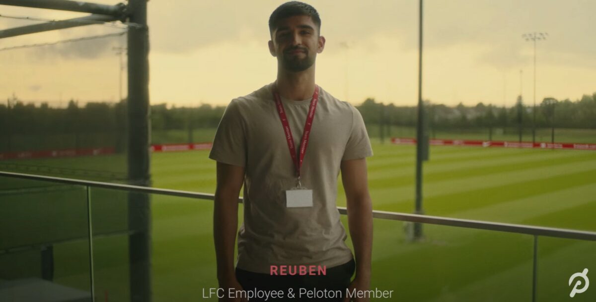 Peloton has introduced a multi-year partnership with Liverpool Football Club (LFC) kicking off in the pre-season for 2023-24, making Peloton the club's first digital fitness partner, depicted here.