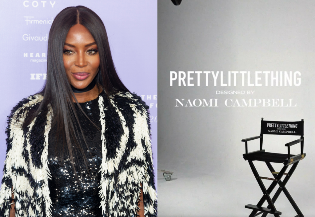 Supermodel Naomi Campbell next to an director chair which shows her upcoming collaboration with fashion brand PLT