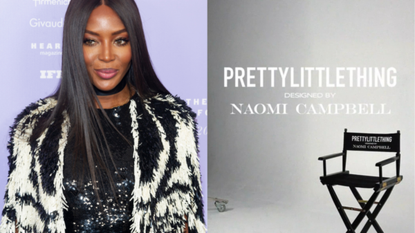 Supermodel Naomi Campbell next to an director chair which shows her upcoming collaboration with fashion brand PLT