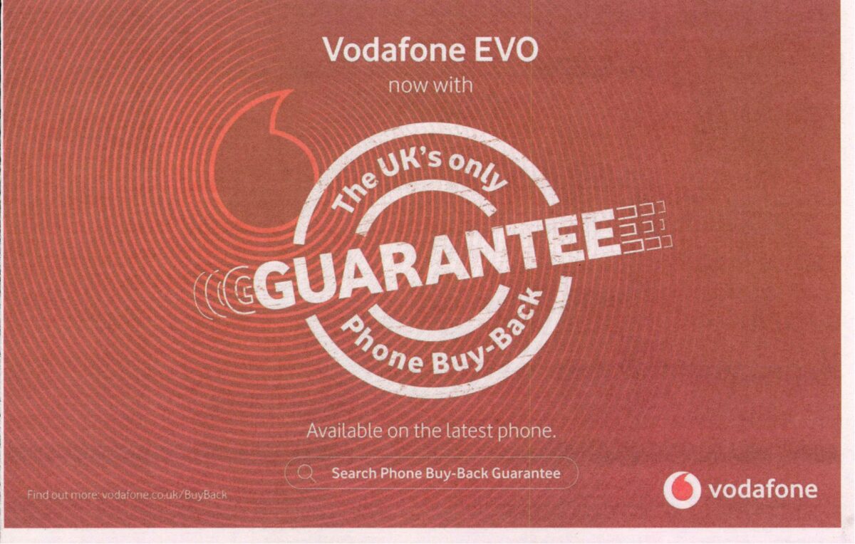 Vodafone's 'Guarantee' seal stating 'The UK's only Phone Buy-Back Guarentee'