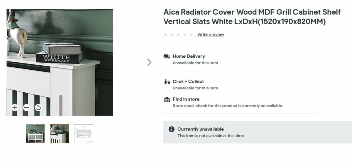 DIY retailer B&Q has apologised after two books titled "White Supremacy" appeared on their product listing page in a mock-up creative showcasing a wooden radiator cover, depicted here.