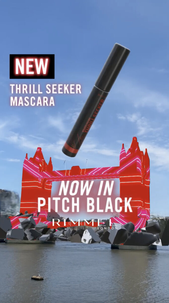 Rimmel is celebrating the unveiling of its new Thrill Seeker Pitch Black mascara with a two-fold campaign aimed at targeting its Gen Z consumers, here depicting a digital mock-up of the new mascara levitating over London's Tower Bridge.
