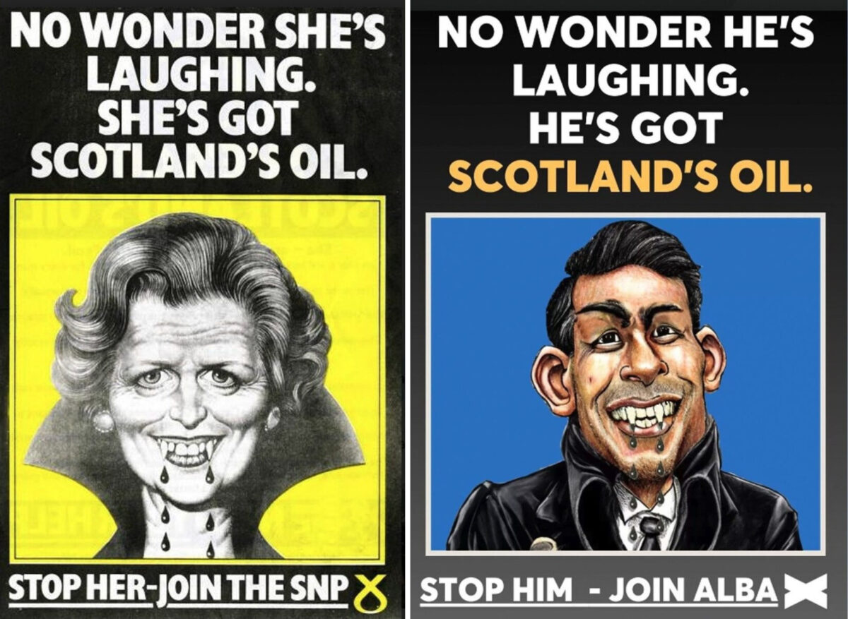 The Alba Party has hit back at media firm Global, declaring they will hand-deliver political ads depicting Rishi Sunak as an oil vampire, in the form of leaflets, here depicting an infamous SNP advert of Margaret Thatcher which bears striking resemblance to the Alba Party's ad of Rishi Sunak.