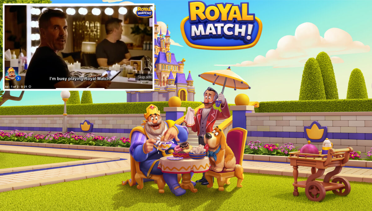 Gaming app Royal Match has sparked conversation online after social media users noticed the mobile game using multiple high-profile celebrities in its video-on-demand campaigns, here depicting Simon Cowell in the left hand corner, endorsing the app