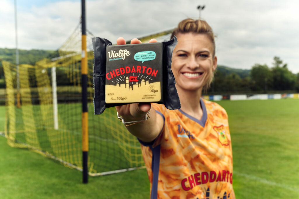 Ex-Lioness & committed vegan Karen Carney puts the Cheesemen & women of Cheddar AFC through their paces as the players are encouraged to embrace more of a plant-based diet, to mark historic non-league club’s sponsorship deal with cheese alternative brand, Violife