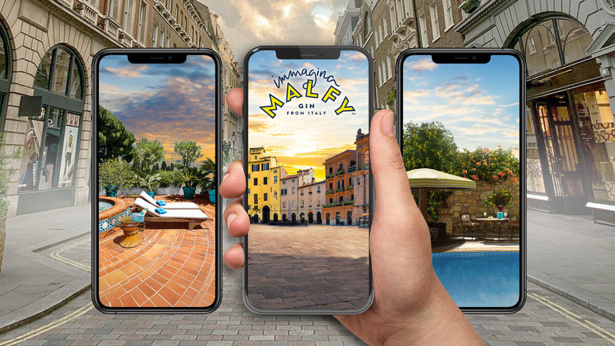 Pernod-Ricard-owned gin brand Malfy is encouraging consumers to immerse themselves into its new global reality experience, "Escape to a Malfy World", depicted here on mobile phone screens.