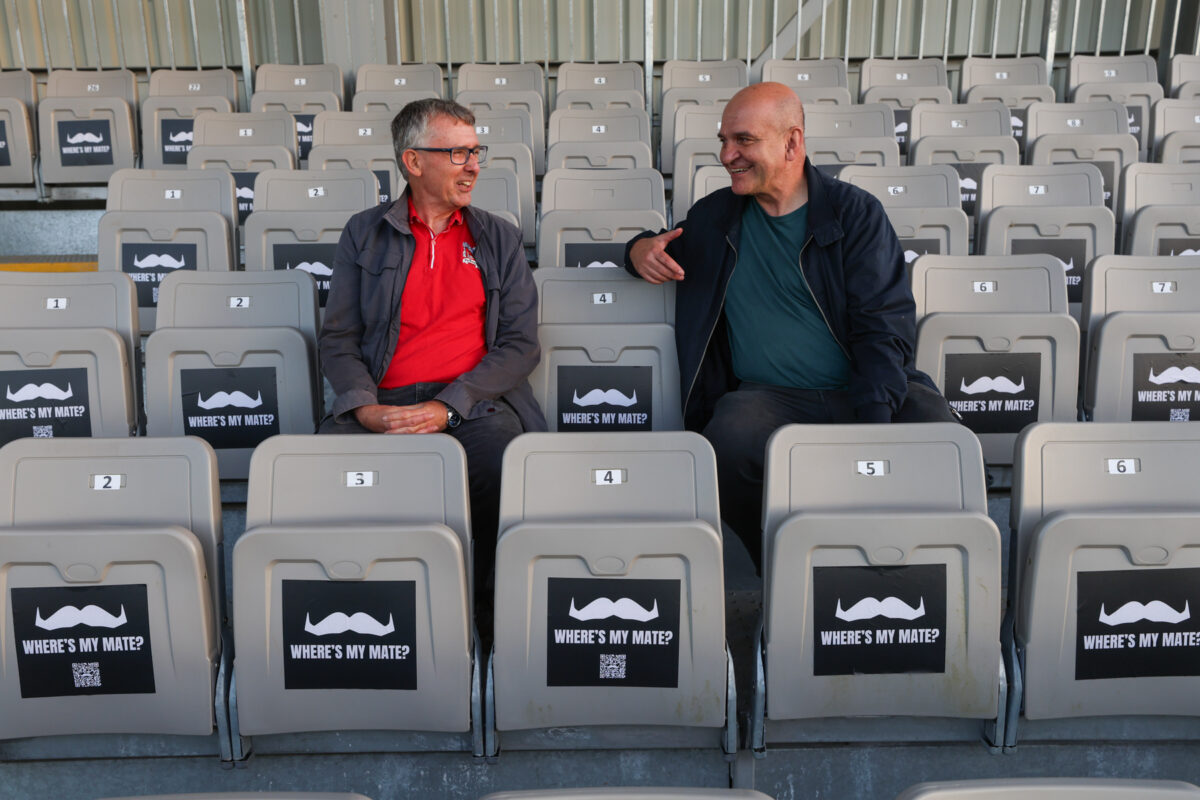 Movember has teamed up football clubs in high male suicide rate areas to turn empty stadium seats into reminders for world suicide prevention day, here depicting two locals