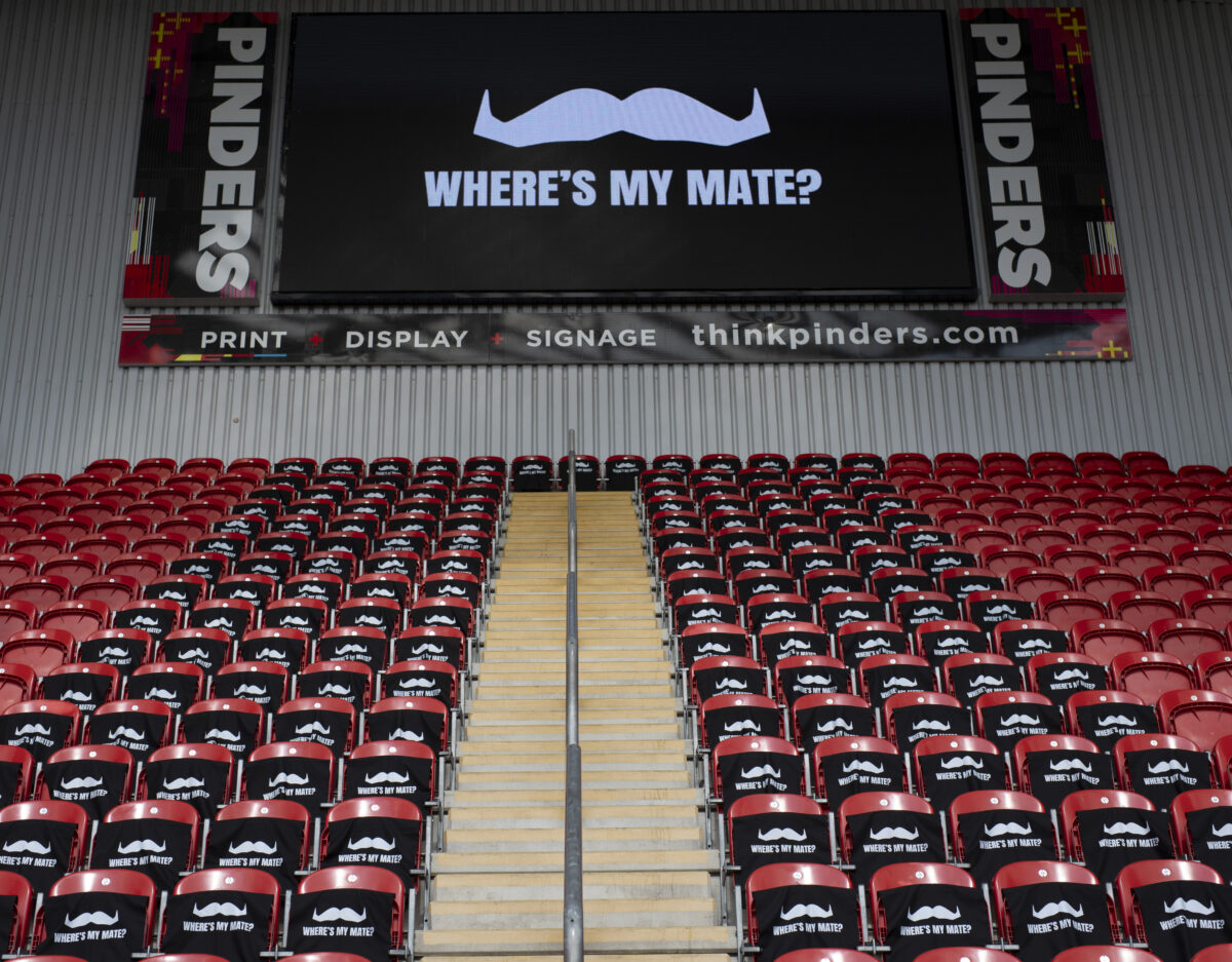 Movember has teamed up football clubs in high male suicide rate areas to turn empty stadium seats into reminders for world suicide prevention day, here depicting the creative