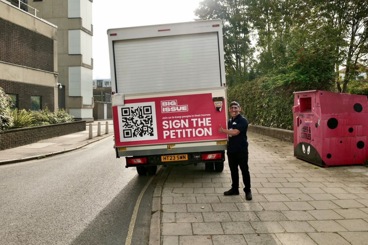 The Big Issue Group (BIG) has partnered with creative agency the7stars to call upon prime minister Rishi Sunak to 'End Housing Insecurity Now', through a creative 'removal van' stunt, the back of the van depicted here.