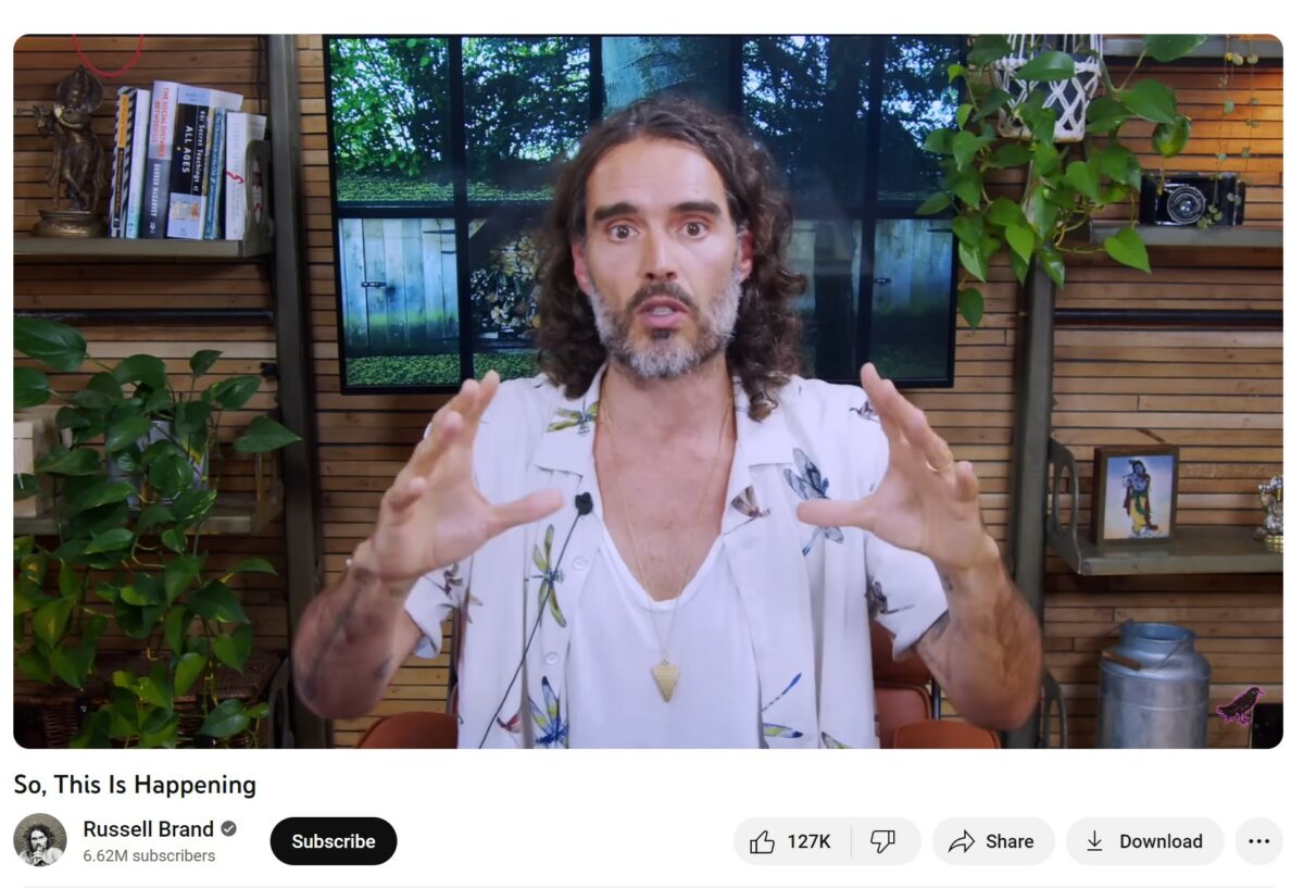 YouTube has suspended Russel Brand from earning money through adverts on his videos, stating the actor and comedian for 'violating' its 'creator responsibility policy', depicted here in his final video