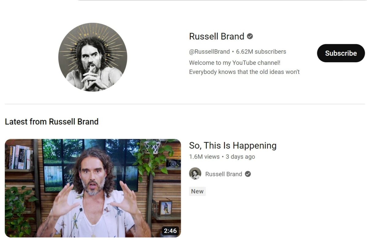 YouTube has suspended Russell Brand from earning money through adverts on his videos, stating the actor and comedian for 'violating' its 'creator responsibility policy', here showing Russell Brand's YouTube site
