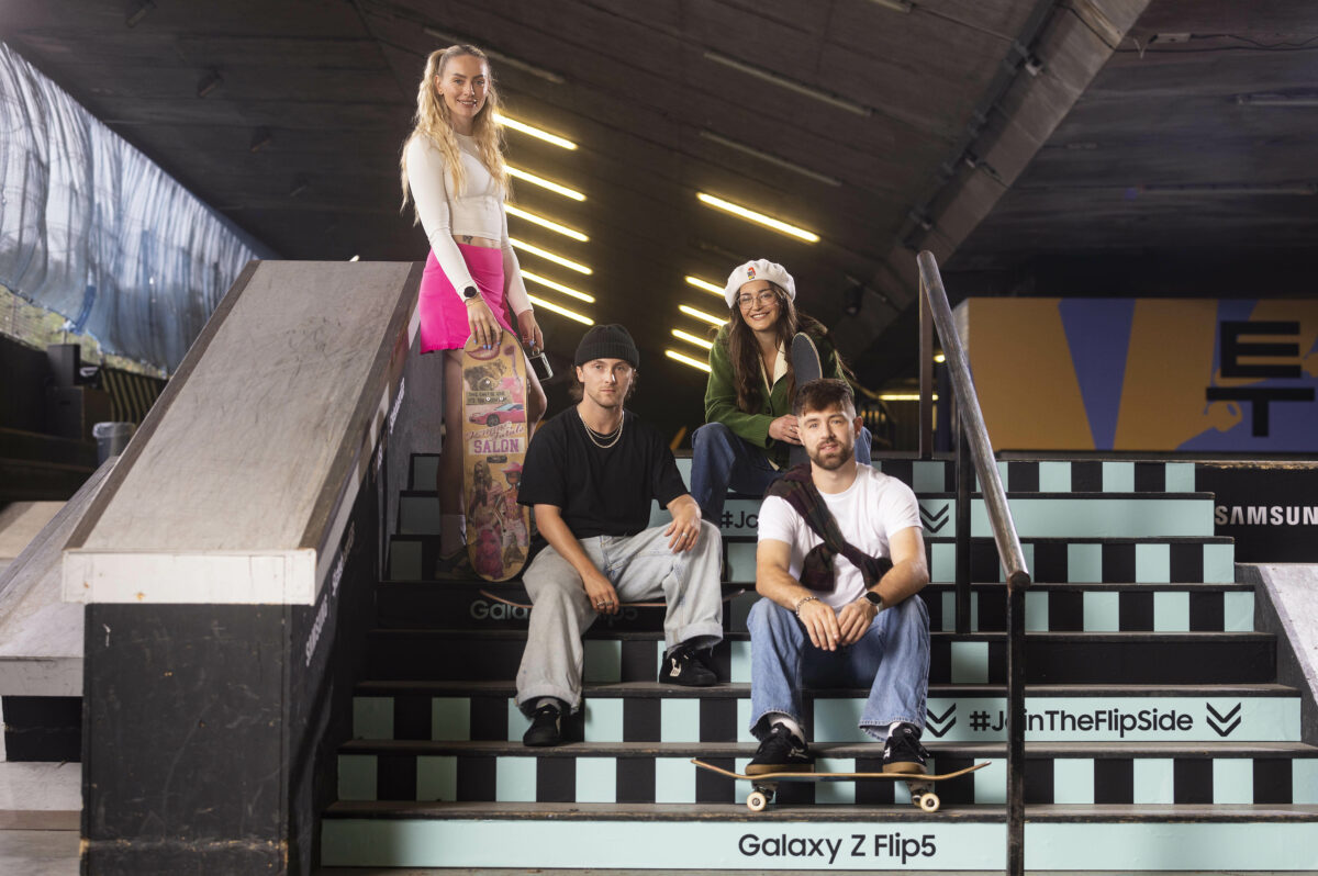 Samsung has partnered with Skateboard GB to empower the next generation of skateboarding talent, capturing it on its new Galaxy Z Flip5, here depicting the new team sitting on Samsung branded steps.