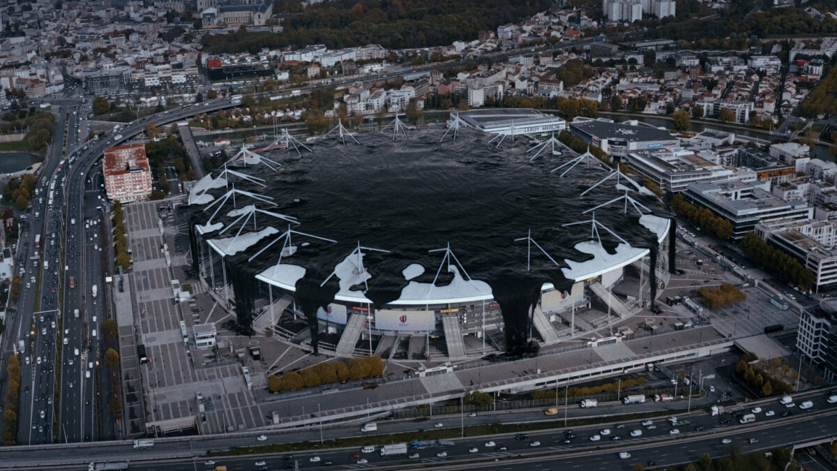 Greenpeace has released an animated video campaign calling out oil giant Total Energies' sponsorship of the Ruby World Cup as 'sportswashing', here depicting the the end of the video where the stadium is submerged in oil