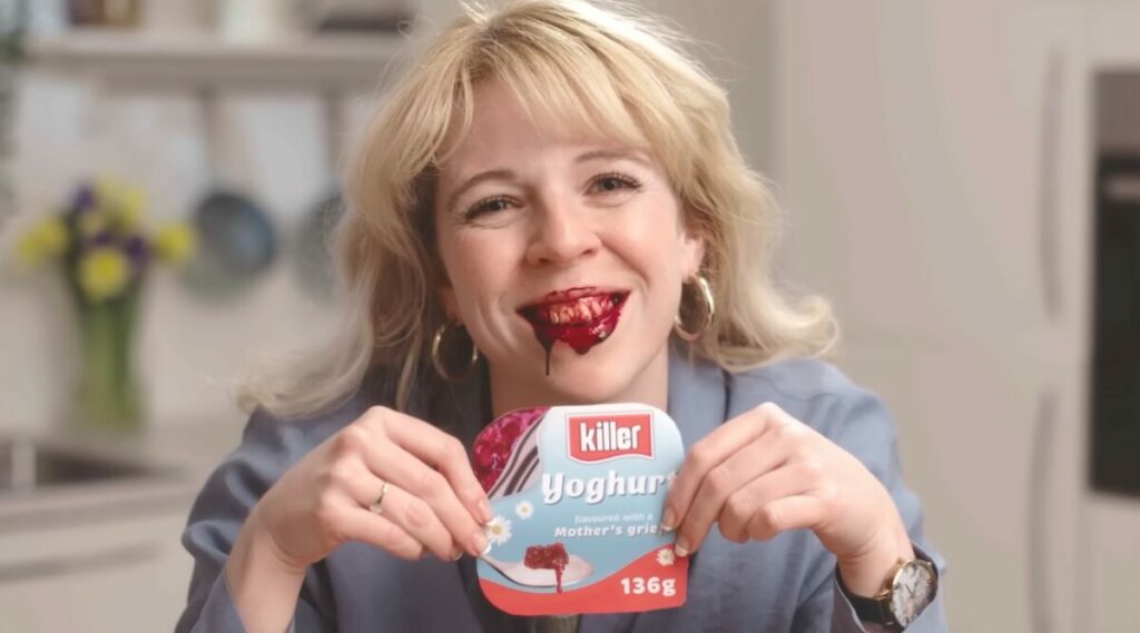 An ad by vegan charity Viva! has been banned by the ASA for being 'bloody and gory', as it featured a woman eating a 'blood and offal' yoghurt, depicted here