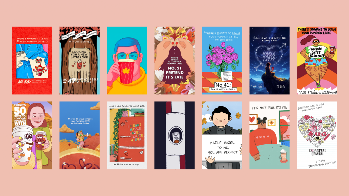 Costa Coffee is ditching the pumpkin spice latte in favour of a new flavour with a series of creatives in rebellion against the autumnal-coded drink, here depicting a range of creatives