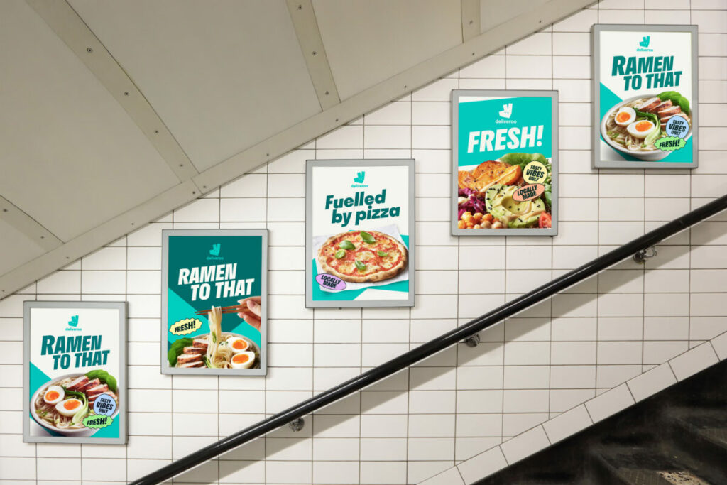 Deliveroo has unveiled a new evolved brand identity to drive a greater distinction and creative consistency across its global markets, depicted here in OOH mock ups