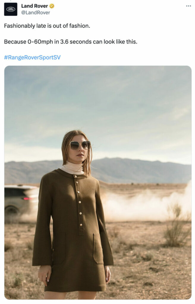 The ASA has banned a promotional tweet by Land Rover for being 'irresponsible' for solely focusing on a vehicle's speed and acceleration, tweet depicted here as described in main body text.