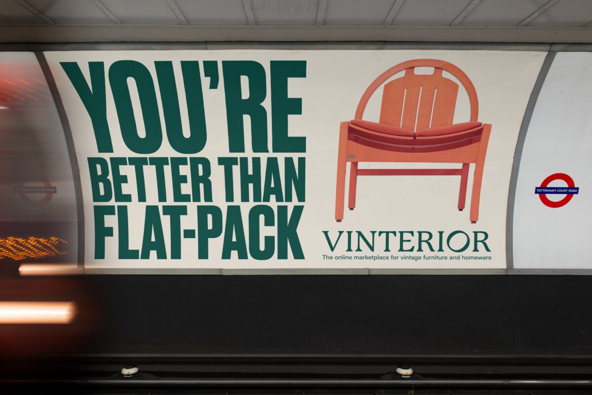 Pre-loved online furniture marketplace Vinterior is saying goodbye to 'fast furniture' in a campaign embracing furniture that 'lasts for generations', billboard depicted here
