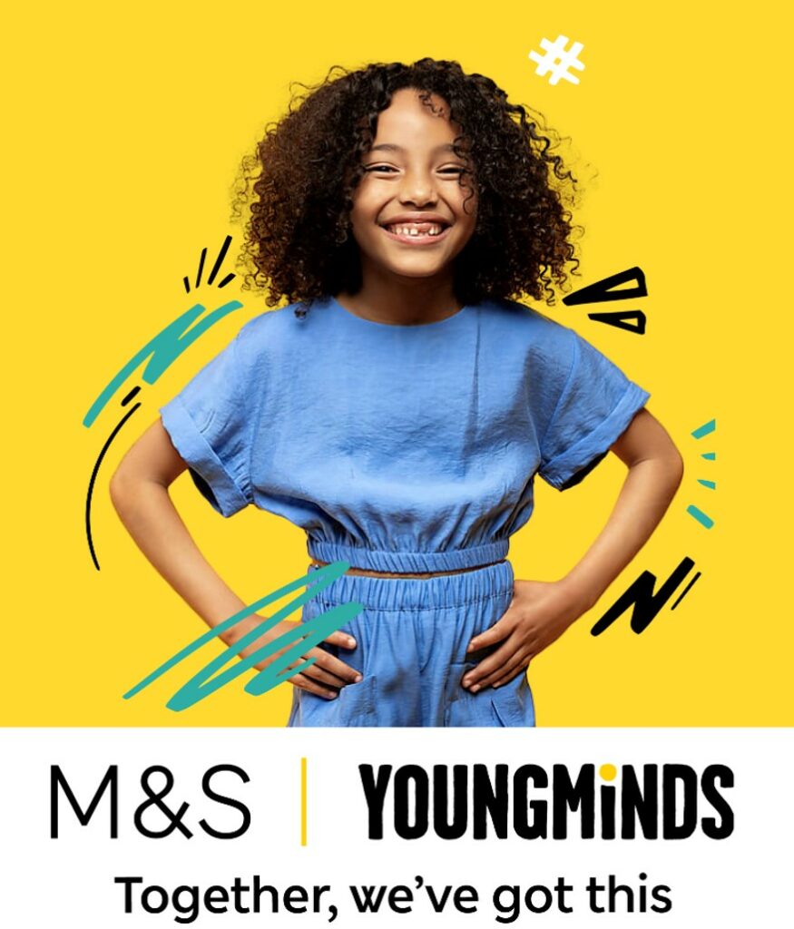 M&S has teamed up with youth mental health charity YoungMinds to raise awareness of support for struggling young people's mental health, here depicting a young girl on a yellow background with M&S and YoungMinds logo