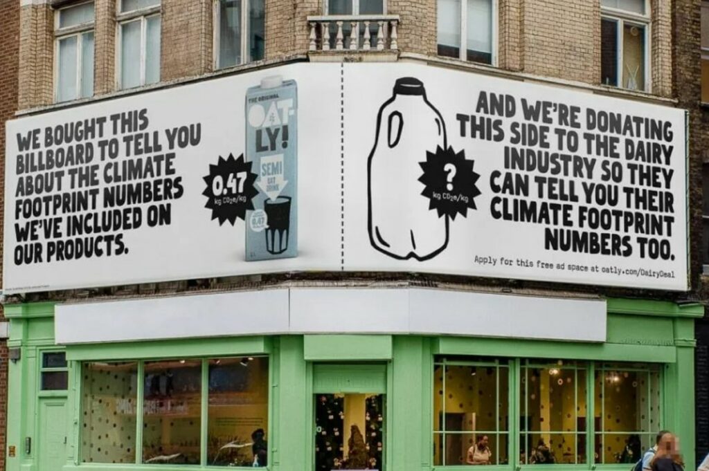 Oatly is calling for 'climate labelling' and offering free ad space to any dairy company that is transparent about its carbon footprint, depicted here