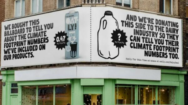 Oatly is calling for 'climate labelling' and offering free ad space to any dairy company that is transparent about its carbon footprint, depicted here