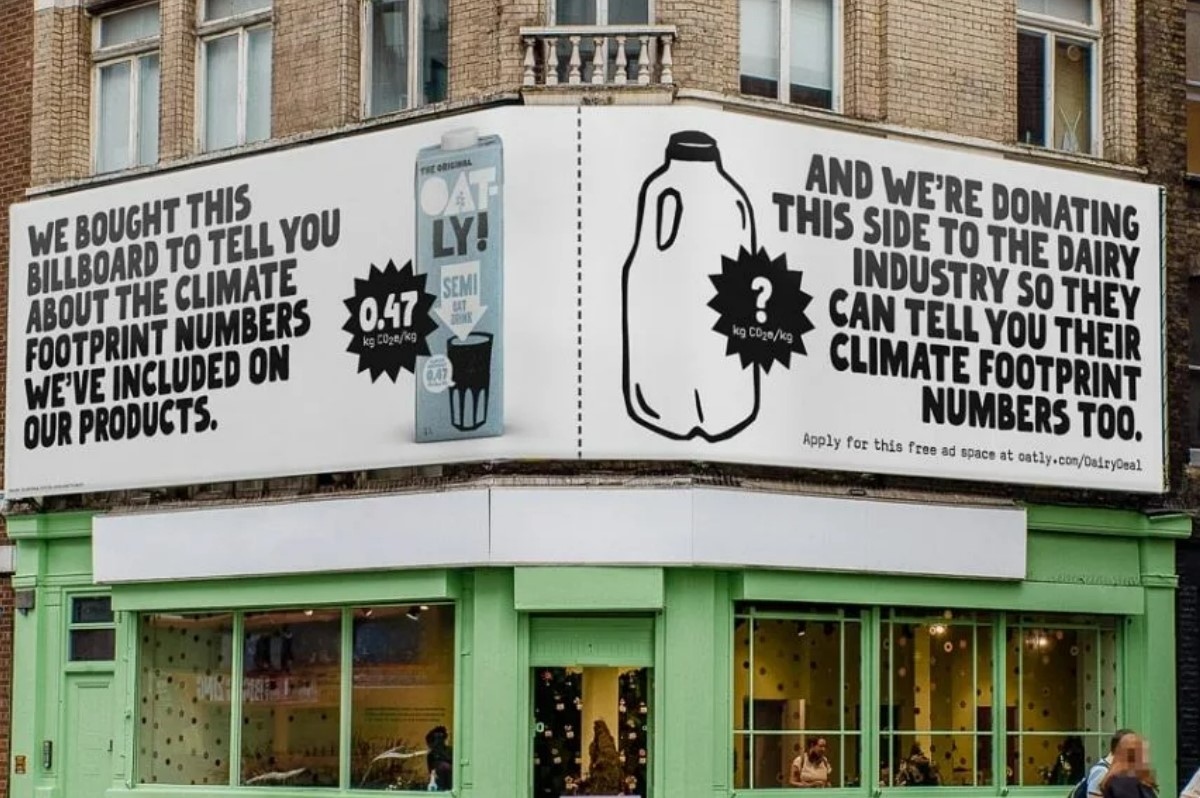 Oatly is calling for 'climate labelling' and offering free ad space to any dairy company that is transparent about its carbon footprint, depicted here