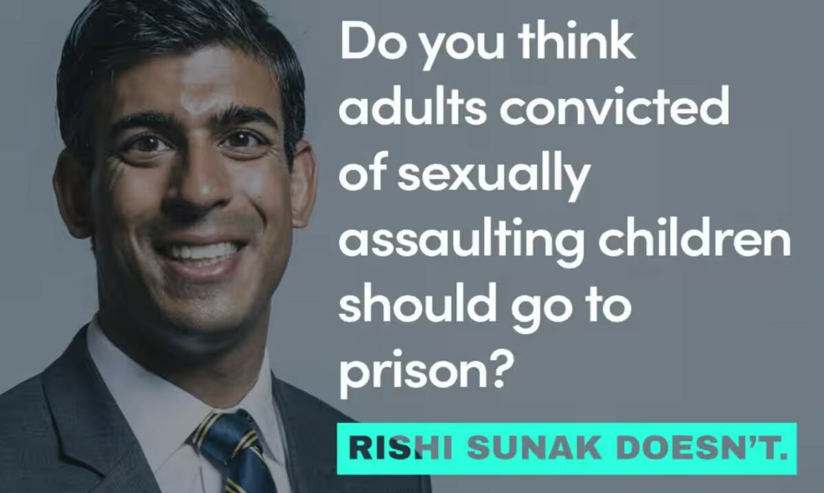 Labour has unveiled a new advert attacking prime minister Rishi Sunak, claiming he is letting rapists and burglars 'walk free', here depicting an earlier Labour advert accusing Rishi Sunak of letting child sexual abusers go free 