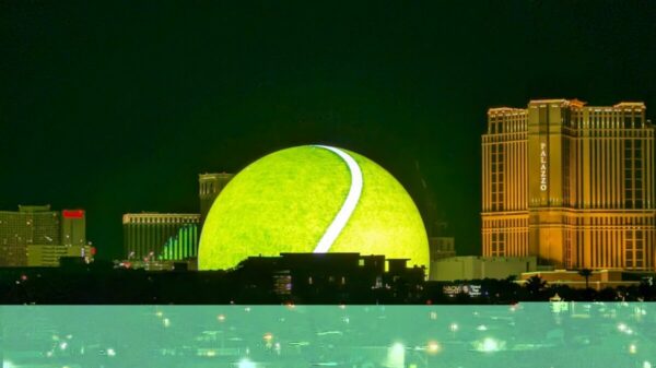 Locals have slammed plans to build a 300ft-high digital-out-of-home (DOOH) 'Crystal Ball' in east London, which could be covered in adverts for the next 25 years., here depicting the Las Vegas sphere lit up like a luminous tennis ball
