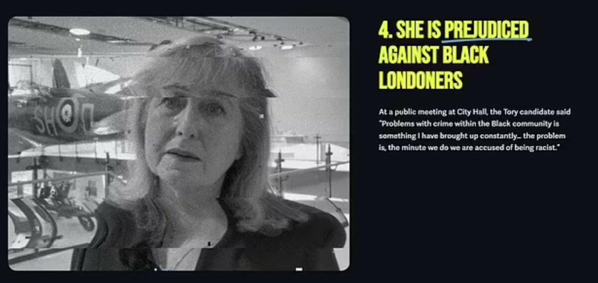  The Mayor of London Sadiq Khan in press conference after visiting the building of Station F the biggest startup space and incubator worldwide, depicting here an advert showing Susan Hall and text that claiming she is prejudiced against Black Londoners