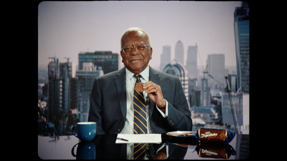 McVities latest ad sees Sir Trevor McDonald return to the newsdesk first time since he retired 15 years ago - as part of the brand's new platform, depicted here.