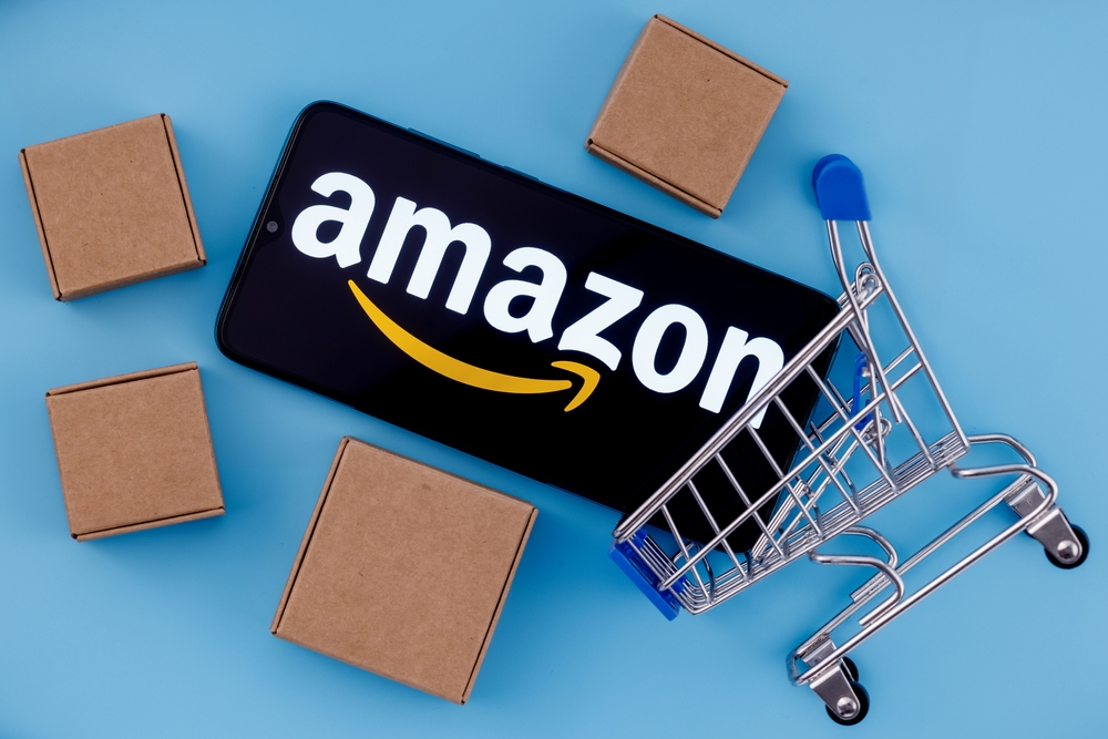 Amazon imagery featuring trolley parcels and logo. Amazon's advertising business generated  £10.08bn ($12.77bn) in the second quarter, representing a 20% year-on-year increase.