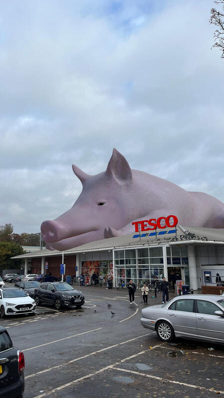 A giant pig has appeared on top of Tesco stores, Barclays HQ and DEFRA to expose the companies and the government's links to the meat industry.