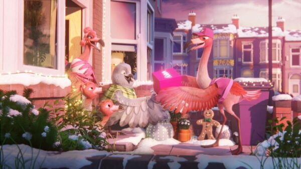 Online retailer Very has unveiled its Christmas campaign, celebrating customers transforming everyday experiences into something wonderful, depicted here a still from the Christmas spot showing a pink delivery flamingo and a grey pigeon. Animated